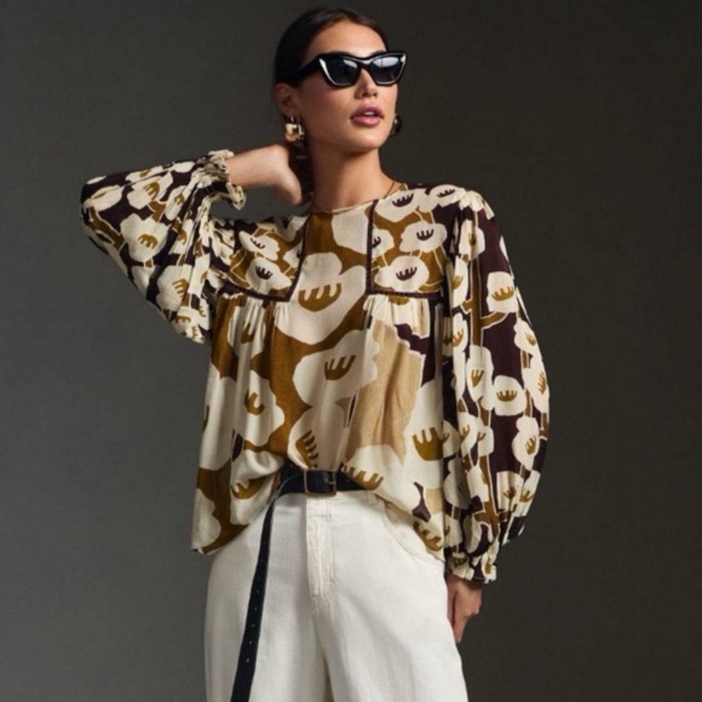 Anthropologie x BL^NK London “Miranda” Peasant Blouse Brown & Ivory Floral XS - Picture 3 of 6
